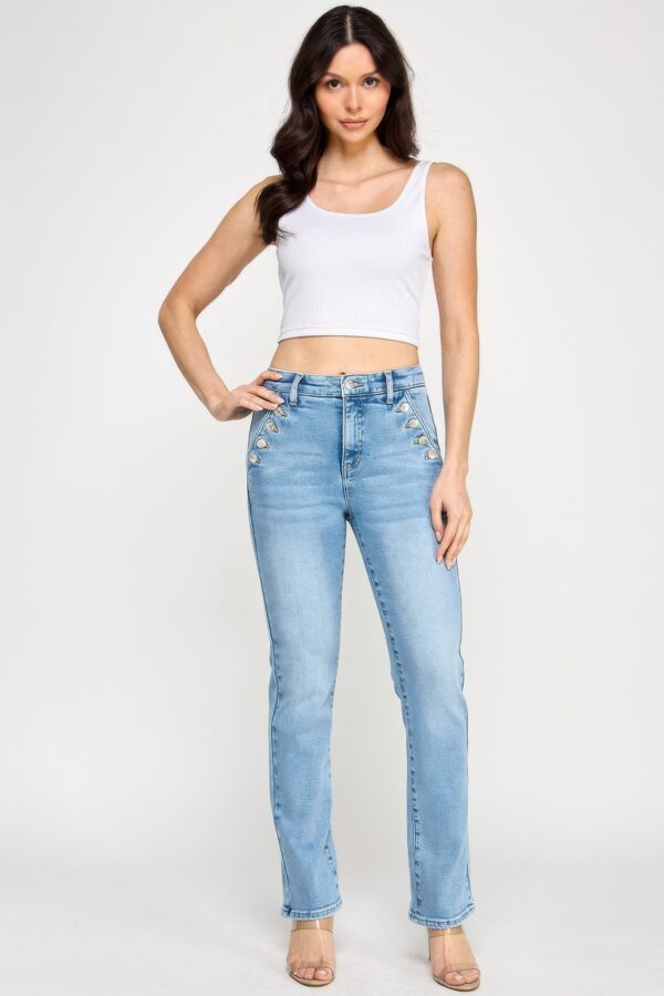 High-Rise Straight Jeans with Buttoned Pocket