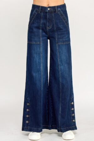 High-Rise Wide-Leg Jeans with Button Side Slits