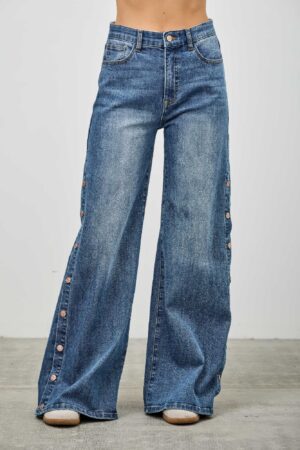 High-Rise Wide-Leg Jeans with Snap Side Buttons