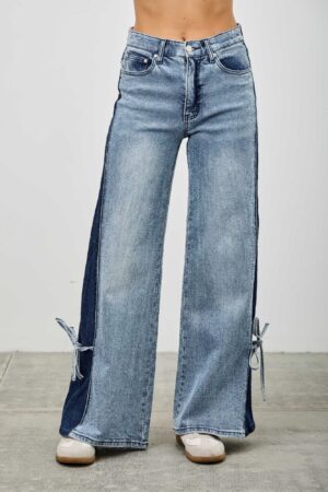 High-Rise Contrast Wide-Leg Jeans with Ribbon Tie