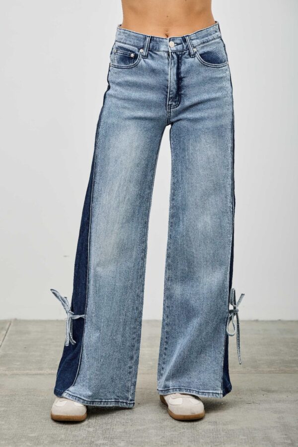 High-Rise Contrast Wide-Leg Jeans with Ribbon Tie