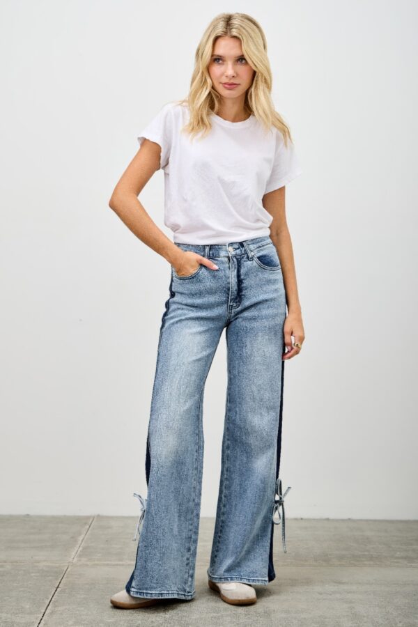 High-Rise Contrast Wide-Leg Jeans with Ribbon Tie