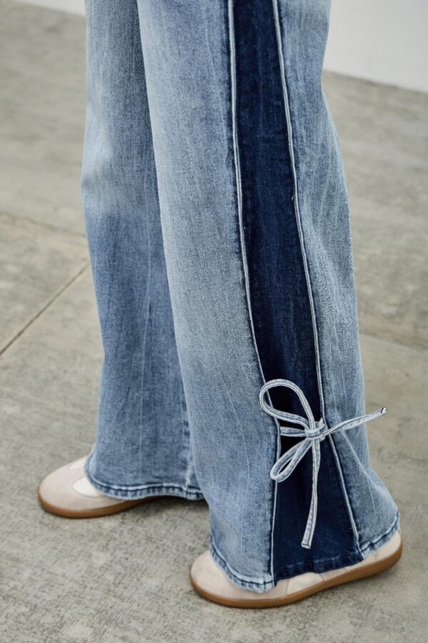 High-Rise Contrast Wide-Leg Jeans with Ribbon Tie