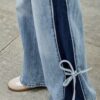 High-Rise Contrast Wide-Leg Jeans with Ribbon Tie