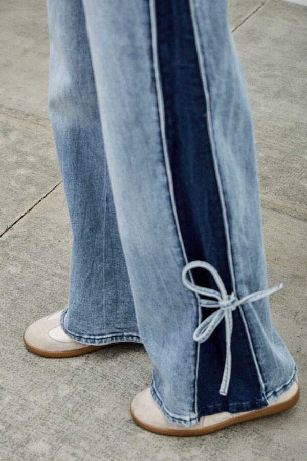 High-Rise Contrast Wide-Leg Jeans with Ribbon Tie