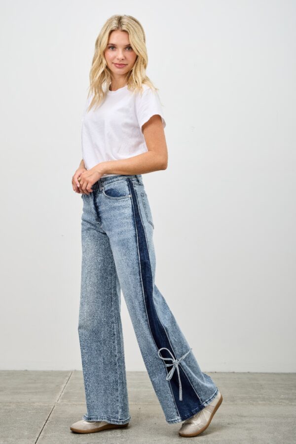 High-Rise Contrast Wide-Leg Jeans with Ribbon Tie