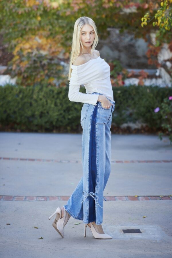 High-Rise Contrast Wide-Leg Jeans with Ribbon Tie