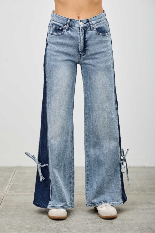 High-Rise Contrast Wide-Leg Jeans with Ribbon Tie