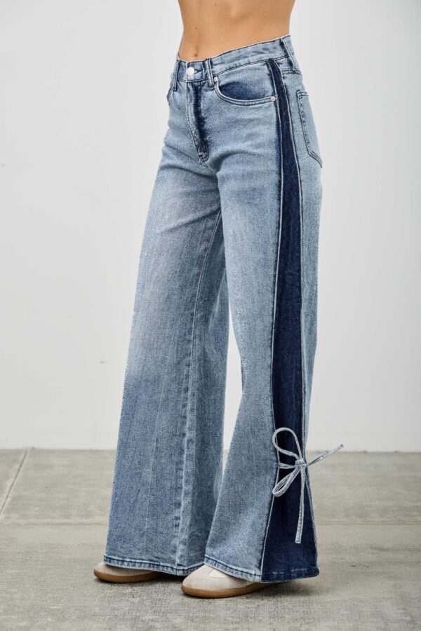 High-Rise Contrast Wide-Leg Jeans with Ribbon Tie