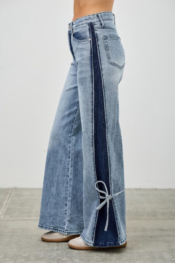 High-Rise Contrast Wide-Leg Jeans with Ribbon Tie