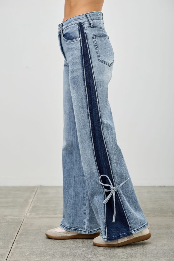 High-Rise Contrast Wide-Leg Jeans with Ribbon Tie
