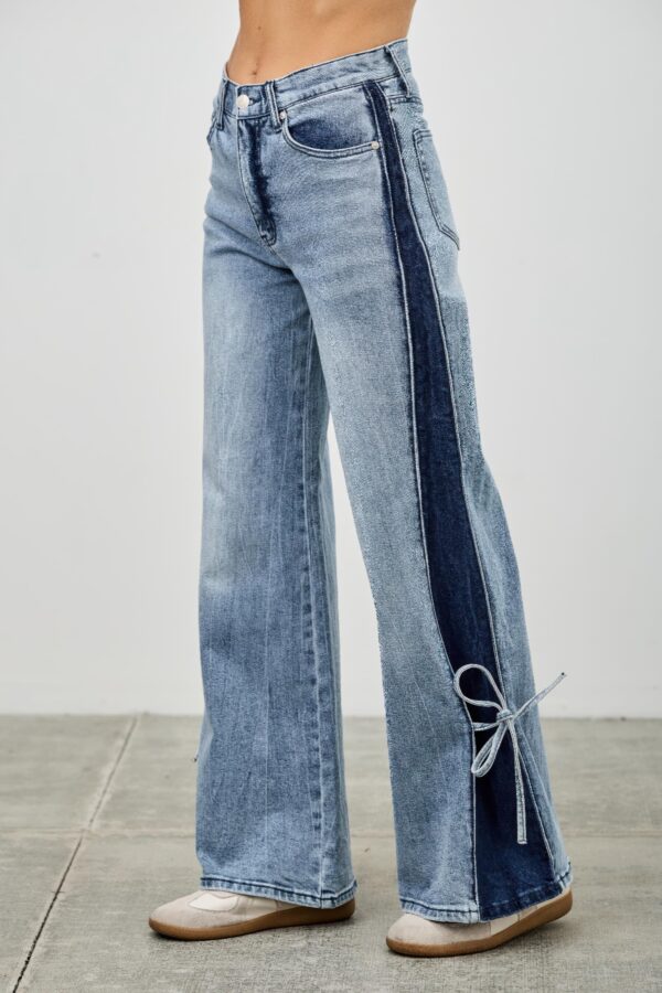 High-Rise Contrast Wide-Leg Jeans with Ribbon Tie