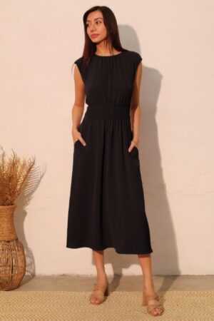 Matte Crepe Midi Dress with Ruched Elastic Waist