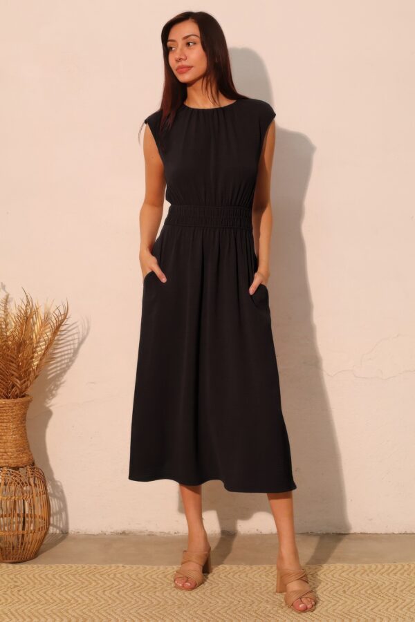 Matte Crepe Midi Dress with Ruched Elastic Waist