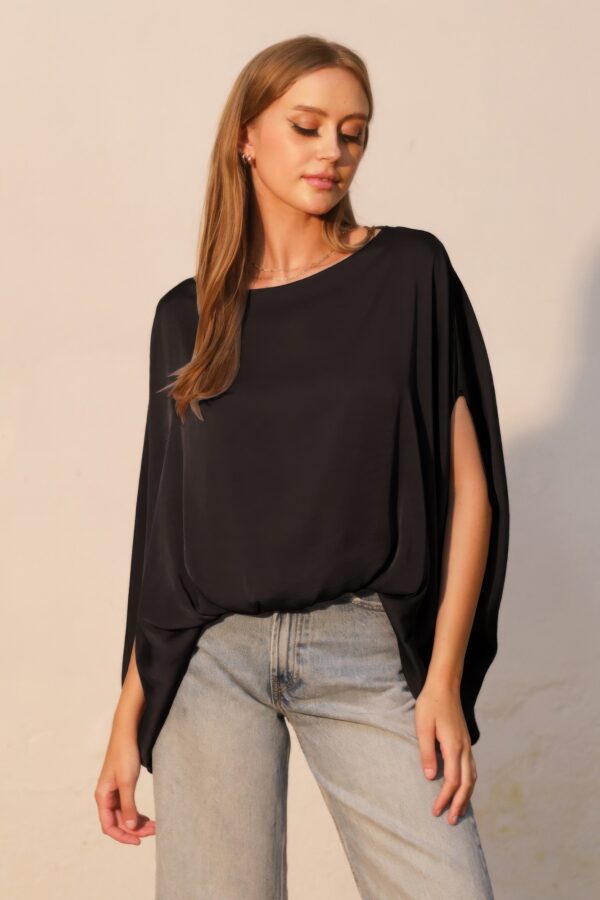 Boat-Neck Caftan Top in Washed Poly Silk – Made in USA