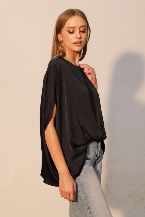 Boat-Neck Caftan Top in Washed Poly Silk – Made in USA