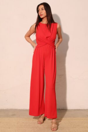 Textured Twist-Front Jumpsuit with Wide-Leg Silhouette