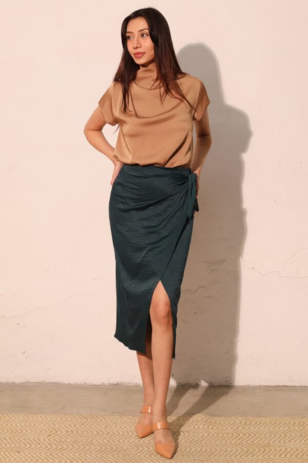 Washed Satin Crepe Side-Wrap Midi Skirt – Tie Waist