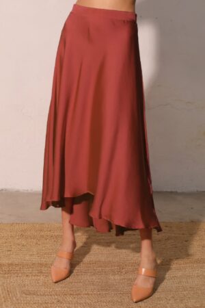 Washed Poly Silk Midi Pleated Swing Skirt