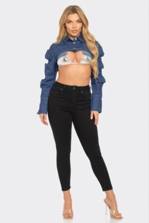 Cropped Denim Button-Down Bolero – Tailored Collar