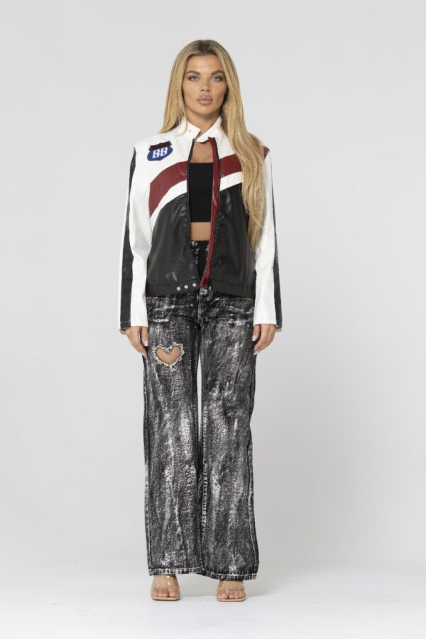 PU Leather Colorblock Jacket – High Neck