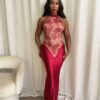 Crimson Lace Hourglass Midi Dress – Halter Lace Detail