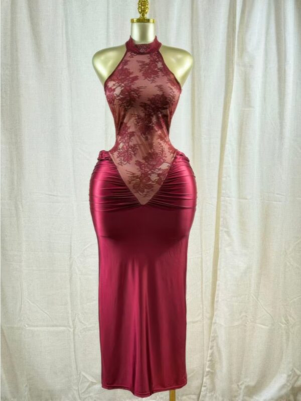 Crimson Lace Hourglass Midi Dress – Halter Lace Detail