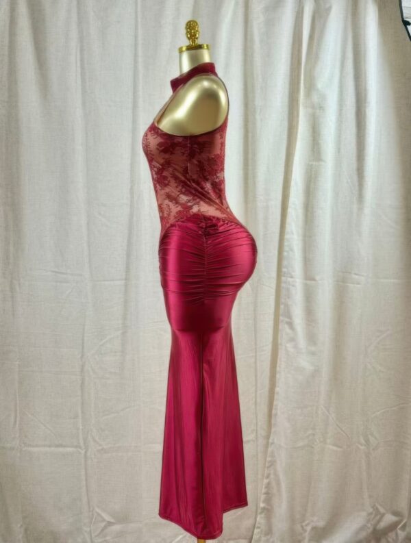 Crimson Lace Hourglass Midi Dress – Halter Lace Detail