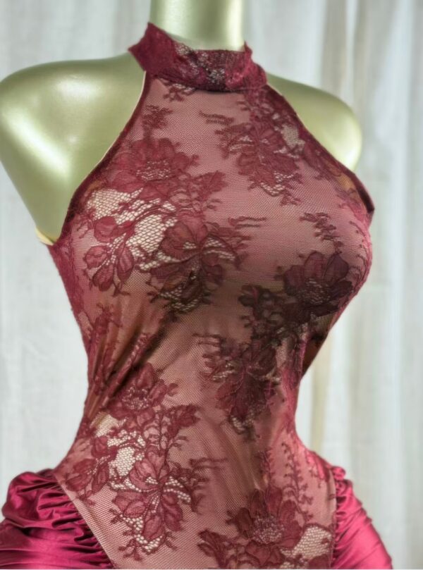 Crimson Lace Hourglass Midi Dress – Halter Lace Detail