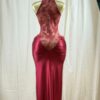 Crimson Lace Hourglass Midi Dress – Halter Lace Detail