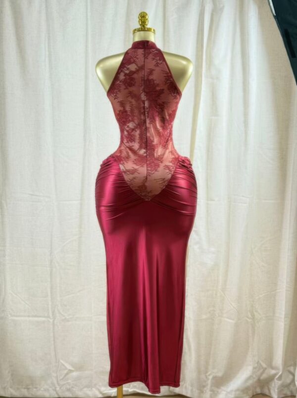 Crimson Lace Hourglass Midi Dress – Halter Lace Detail