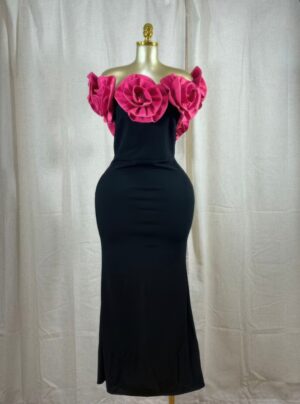 Midnight Magnolia Off-Shoulder Rosette Gown – Fuchsia
