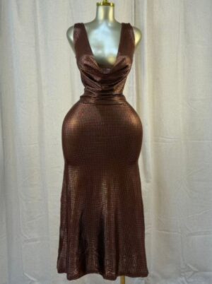 Cocoa Moonlight Shimmer Midi Dress – Draped Cowl