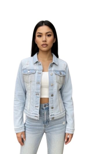 Rhinestone Fringe Distressed Jean Jacket