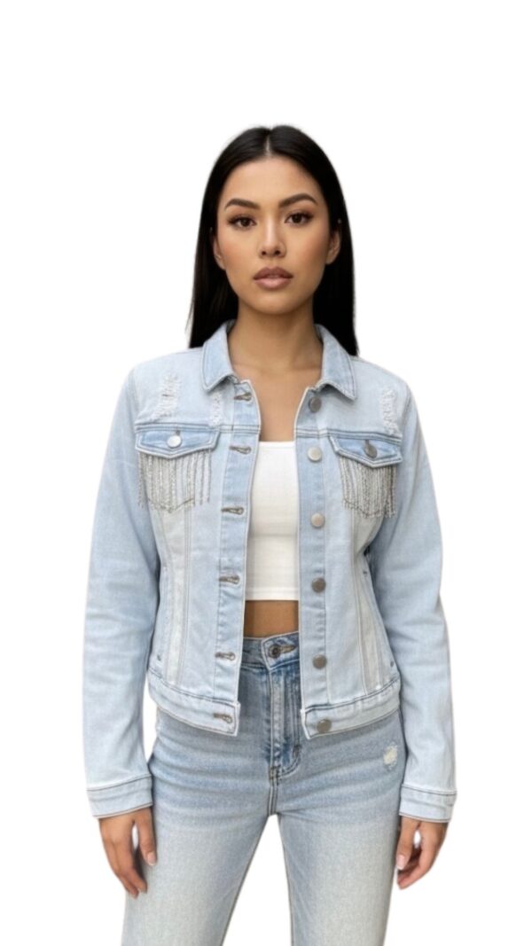 Rhinestone Fringe Distressed Jean Jacket
