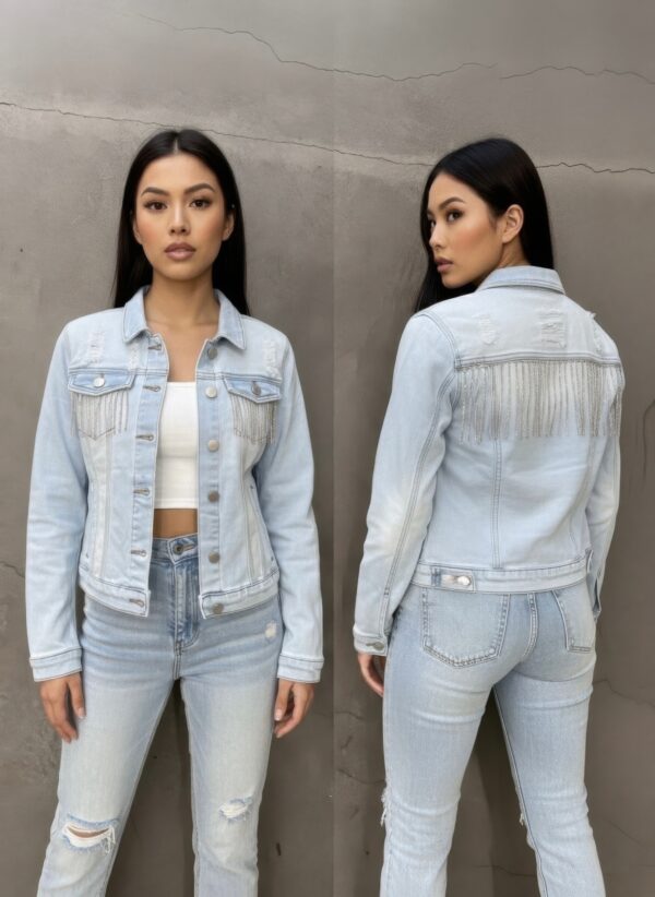 Rhinestone Fringe Distressed Jean Jacket