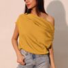 Washed Poly-Silk Asymmetrical Drawstring Top