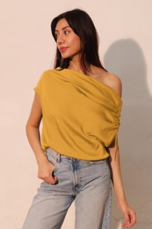Washed Poly-Silk Asymmetrical Drawstring Top