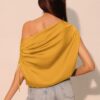 Washed Poly-Silk Asymmetrical Drawstring Top