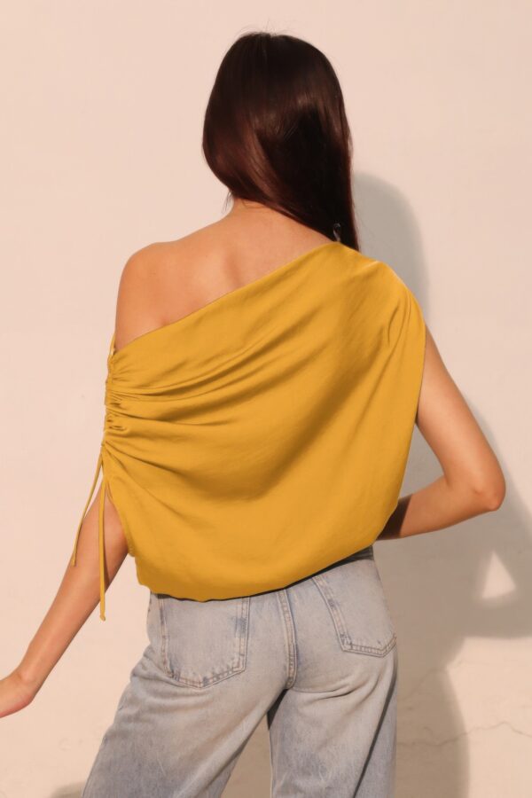 Washed Poly-Silk Asymmetrical Drawstring Top