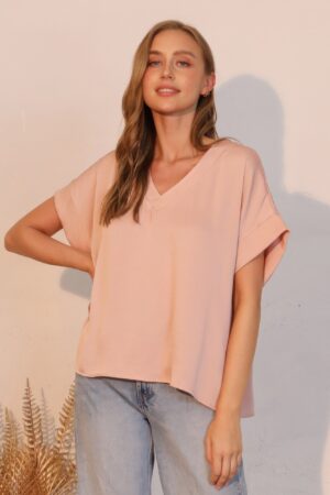 Washed Poly Silk V-Neck Tee – Silky Finish