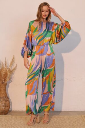 Isla Tropical Satin Boat-Neck Blouson Jumpsuit