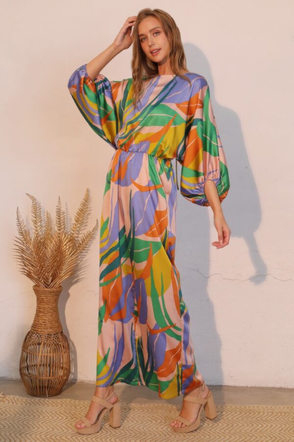 Isla Tropical Satin Boat-Neck Blouson Jumpsuit