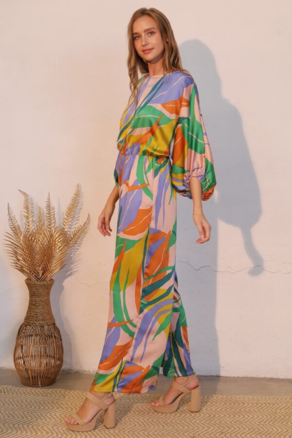 Isla Tropical Satin Boat-Neck Blouson Jumpsuit