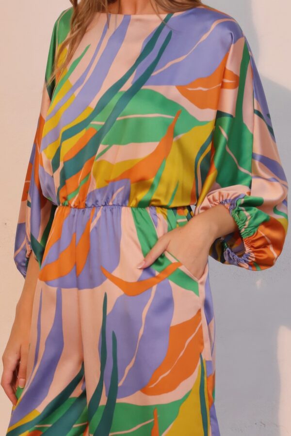 Isla Tropical Satin Boat-Neck Blouson Jumpsuit