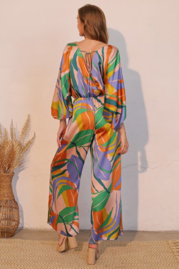 Isla Tropical Satin Boat-Neck Blouson Jumpsuit