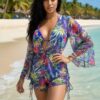 Tropical Print 3-Piece Bikini with Sheer Mesh Cover-Up