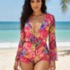 Tropical-Print 3-Piece Bikini with Mesh Cover-Up