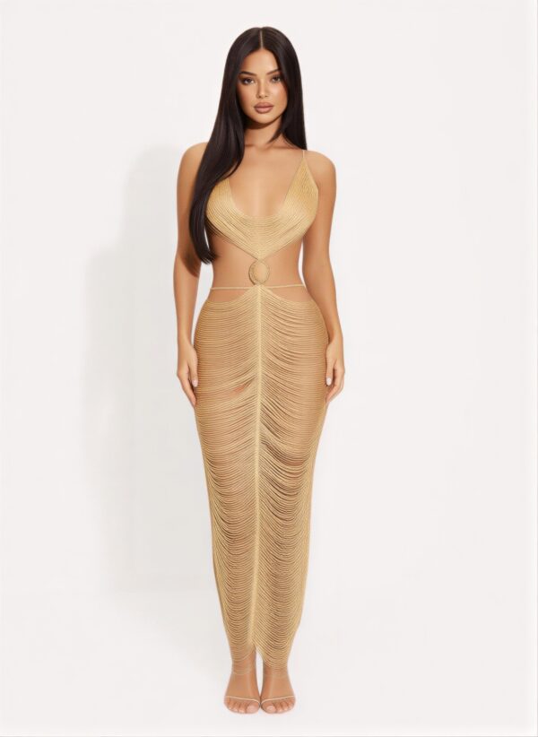 Metallic Ladder Cut Open-Back Maxi Dress – Gold/Silver
