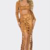 Metallic Cut-Out Maxi Dress with Long Sleeves